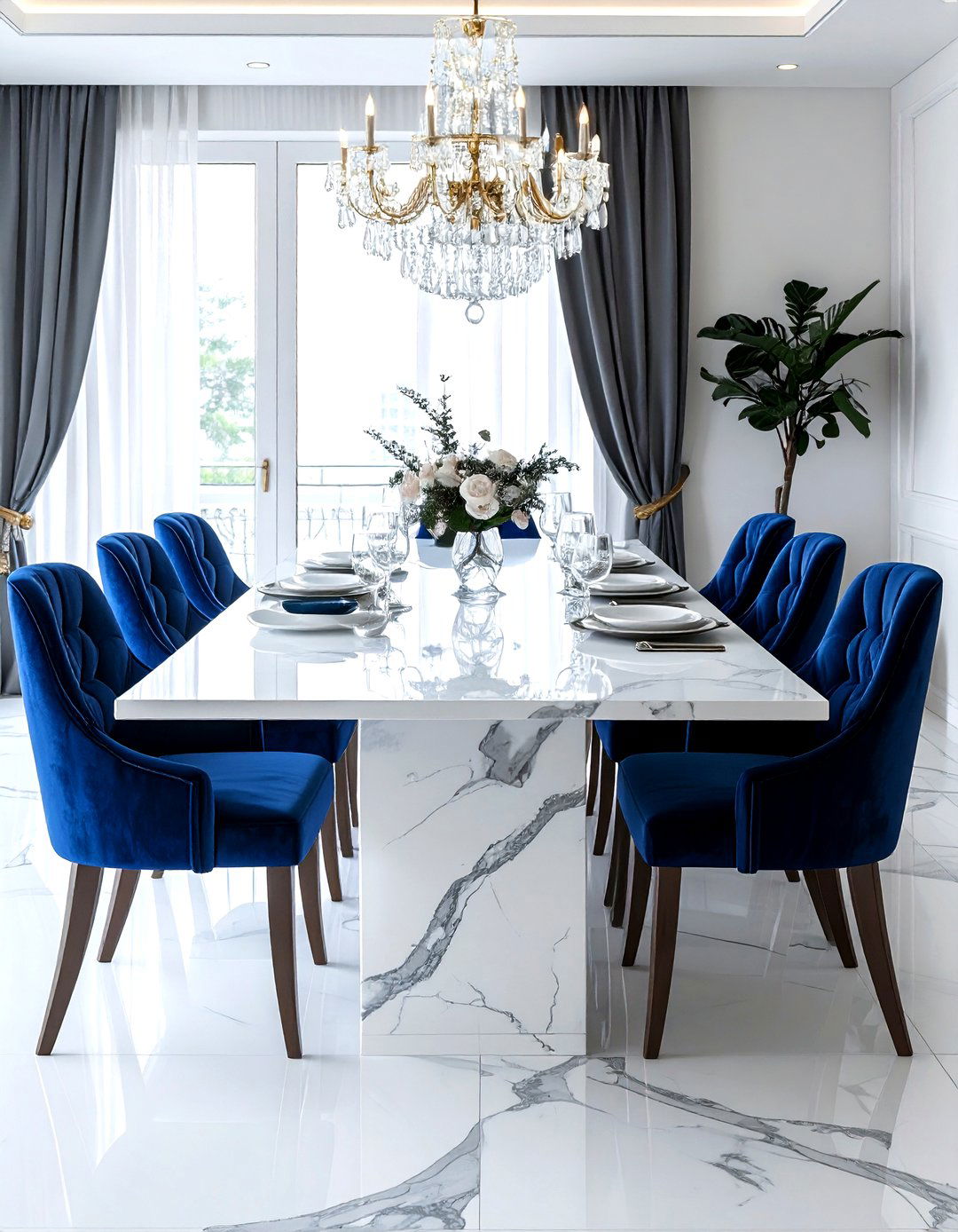 White Marble Dining Table - 30 navy and white dining room ideas