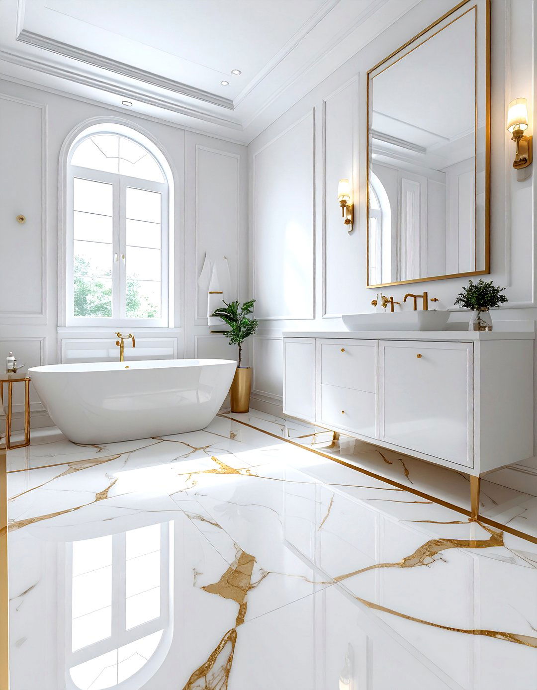 White Marble Floor Gold Inlay - 30 white and gold bathroom ideas