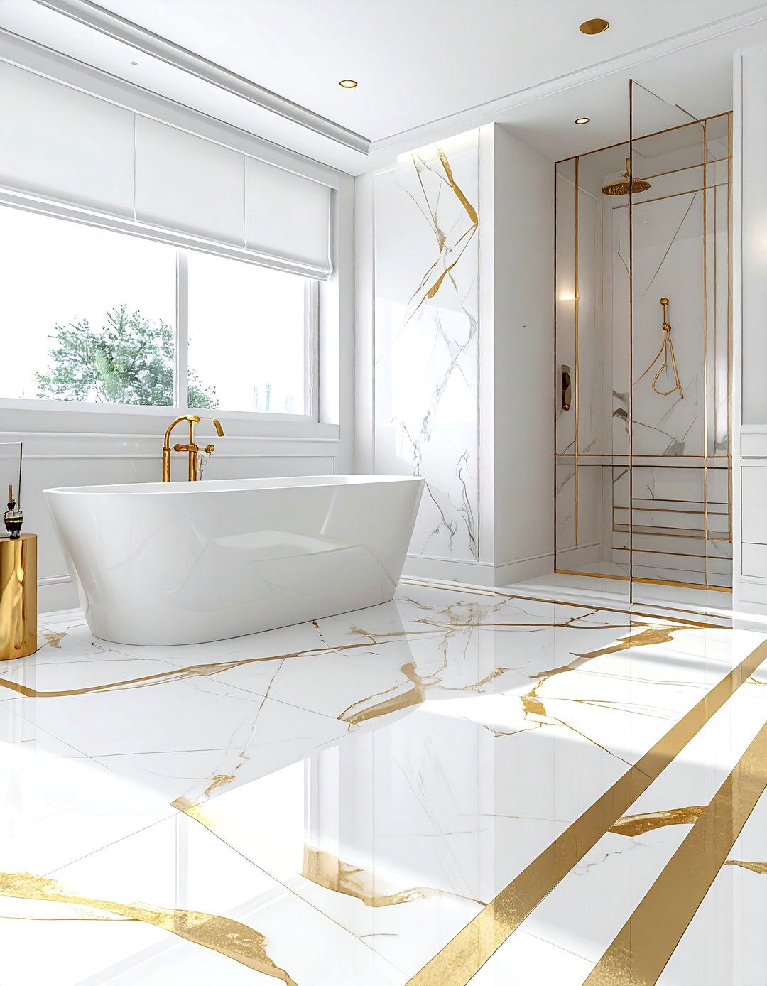 White Marble Gold Inlay - 30 bathroom floor design ideas