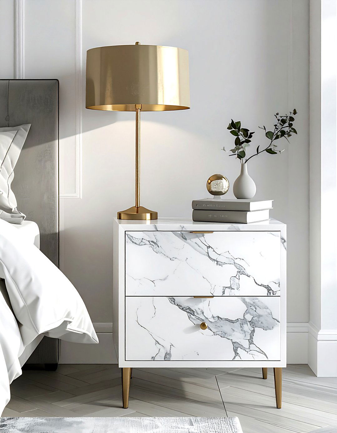 White Marble Nightstand - 30 bedroom statement piece ideas