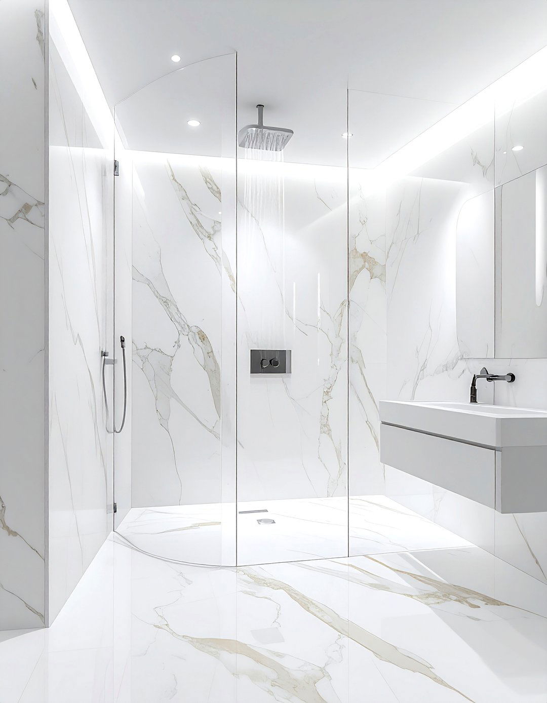 White Marble Shower - 30 cream and white bathroom ideas