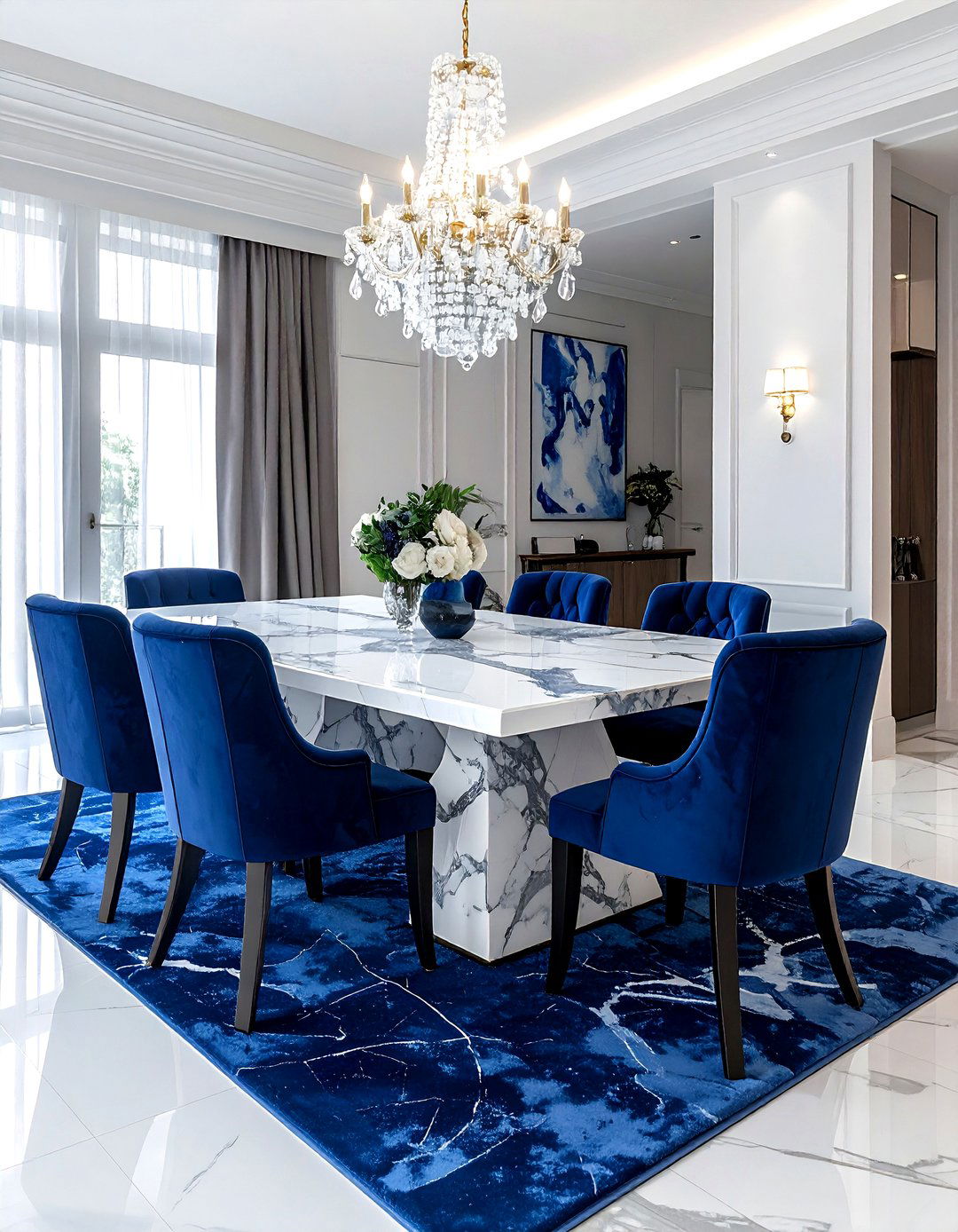 White Marble Table - 30 blue and white dining room ideas