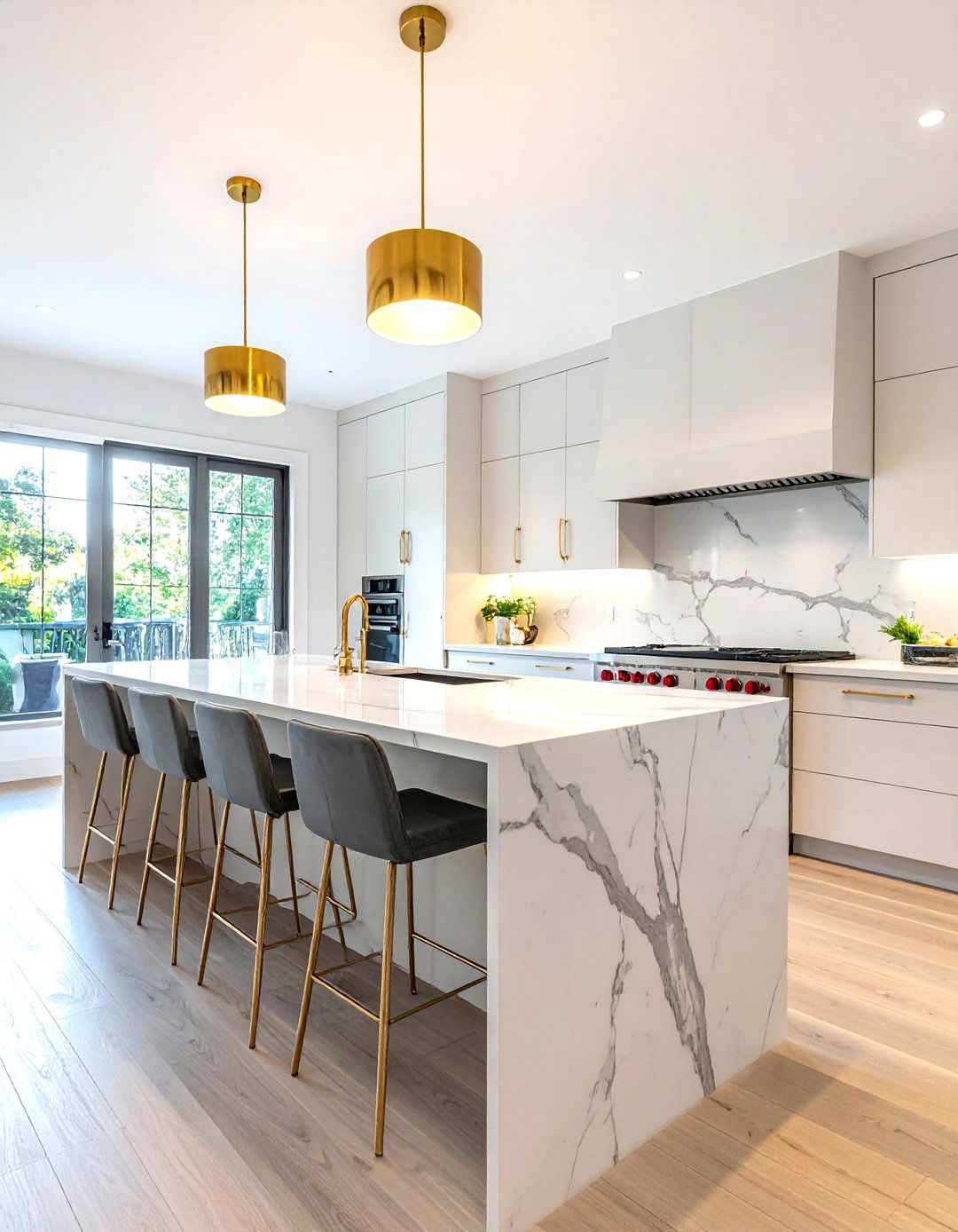 White Marble Waterfall Island - 30 waterfall kitchen island ideas