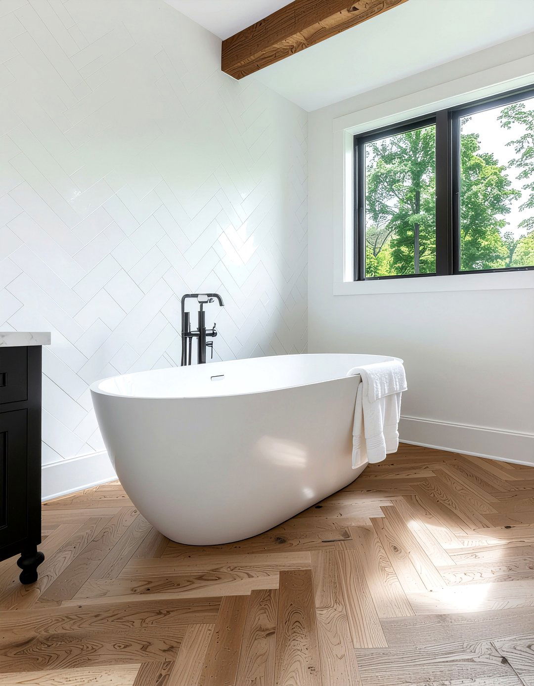 White Oak Herringbone Tile - 30 bathroom floor statement ideas