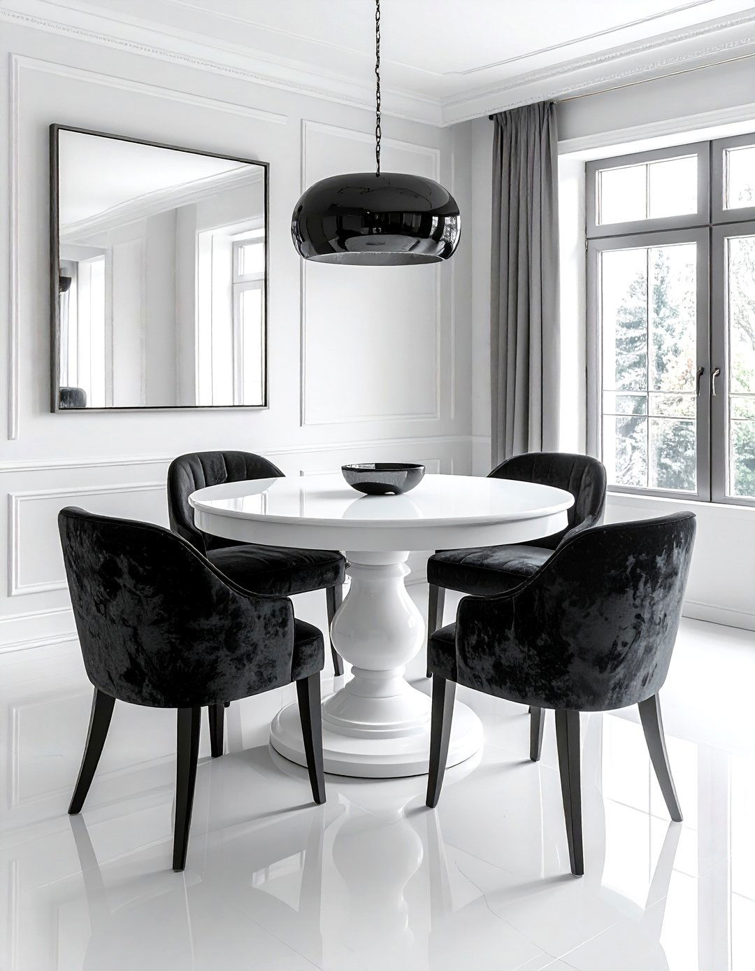 White Pedestal Table Charcoal Seating - 30 charcoal and white dining room ideas