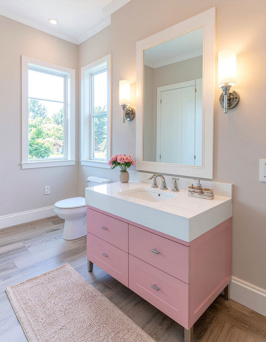 White Quartz Countertop - 30 millennial pink bathroom ideas