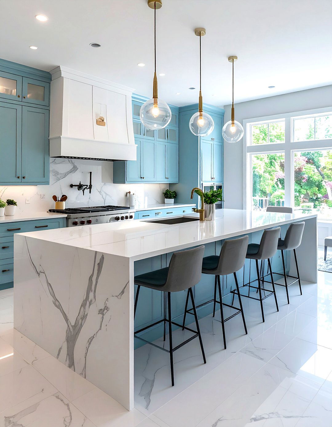 White Quartz Waterfall Island - 30 waterfall kitchen island ideas
