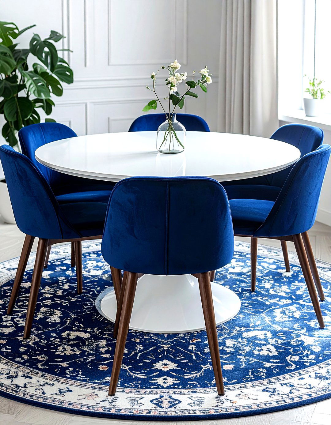 White Round Table - 30 navy and white dining room ideas