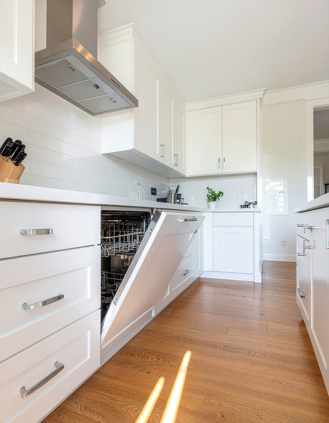 White Shaker Cabinets - 30 panel-ready dishwasher kitchen ideas