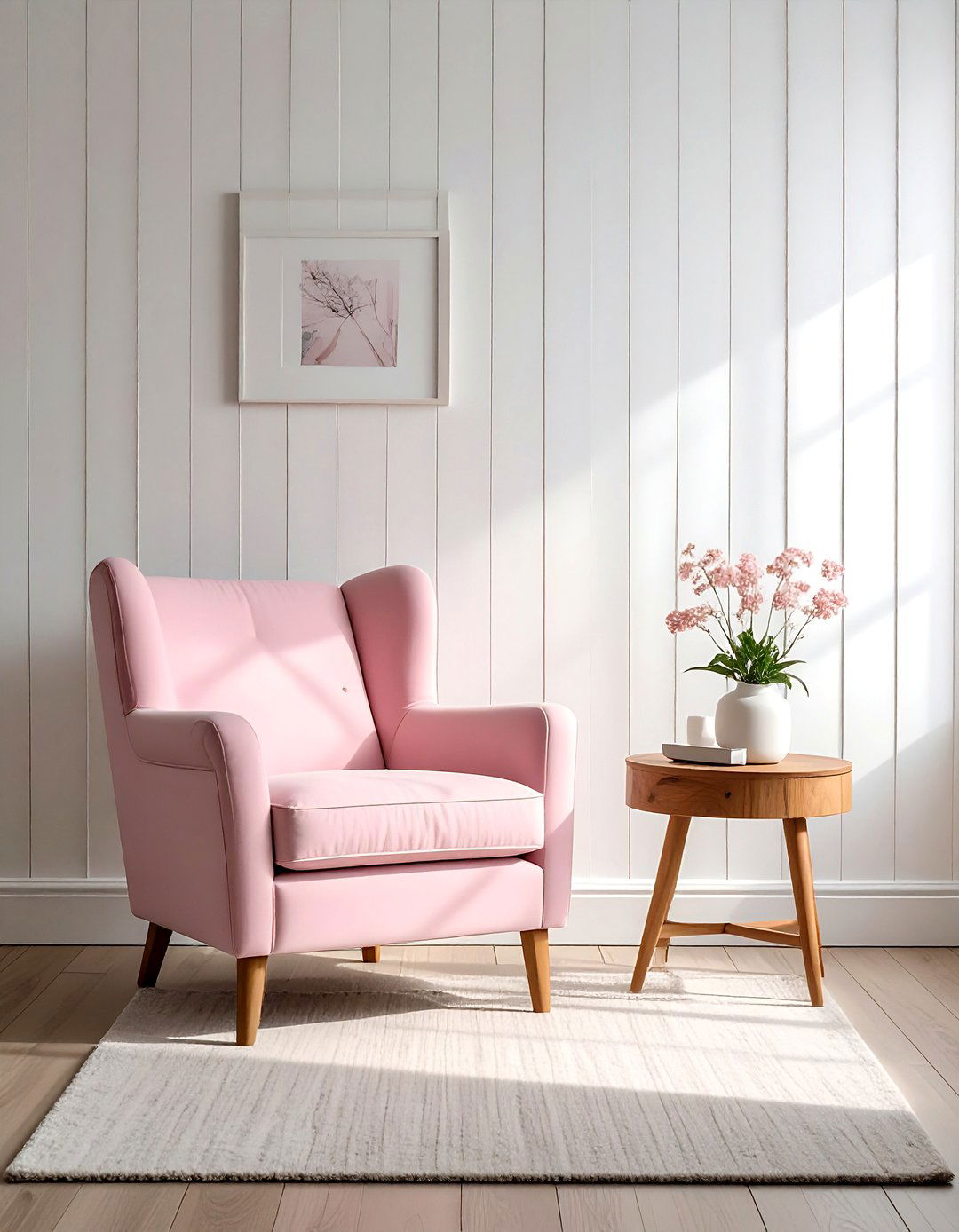 White Shiplap Accent Wall - 30 pink and white living room ideas