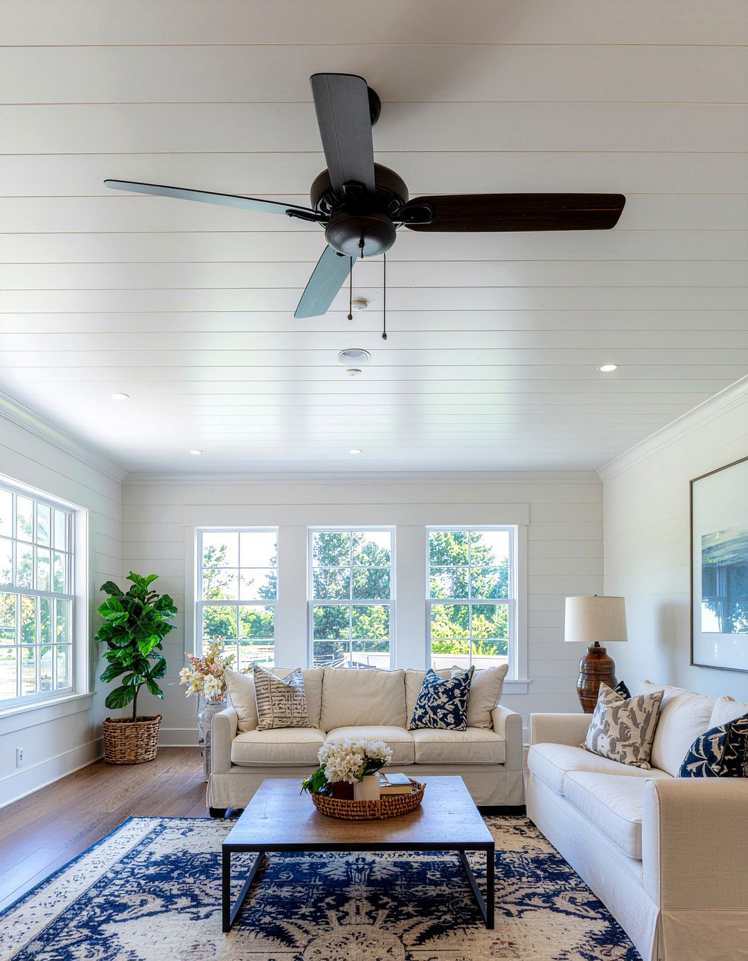 White Shiplap Ceiling - 30 nantucket living room ideas