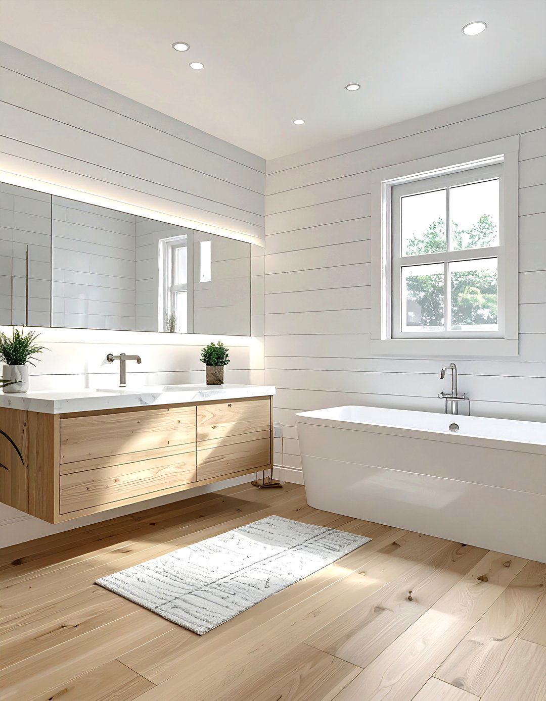 White Shiplap Walls - 30 modern farmhouse bathroom ideas