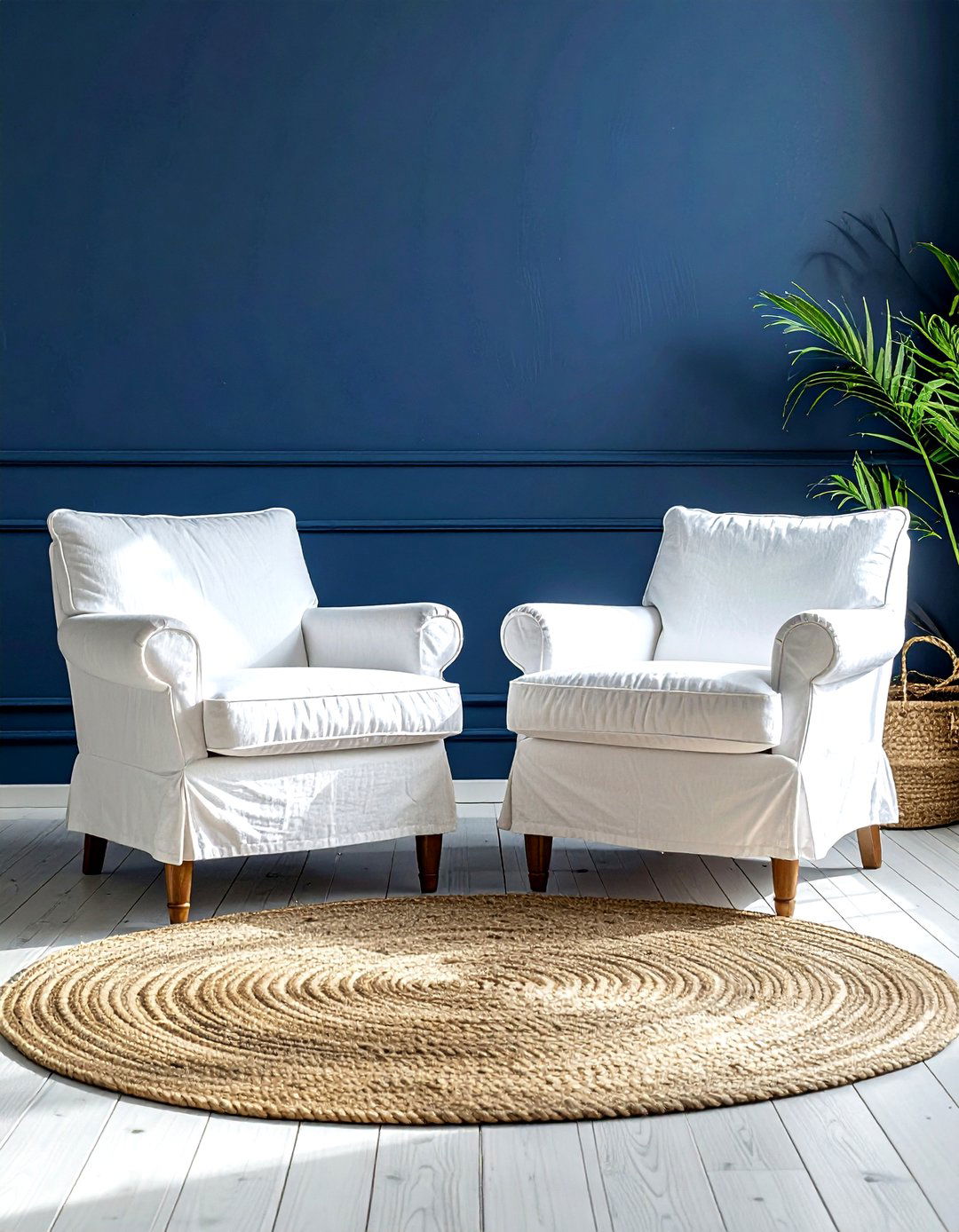 White Slipcovered Chairs - 30 navy and white dining room ideas