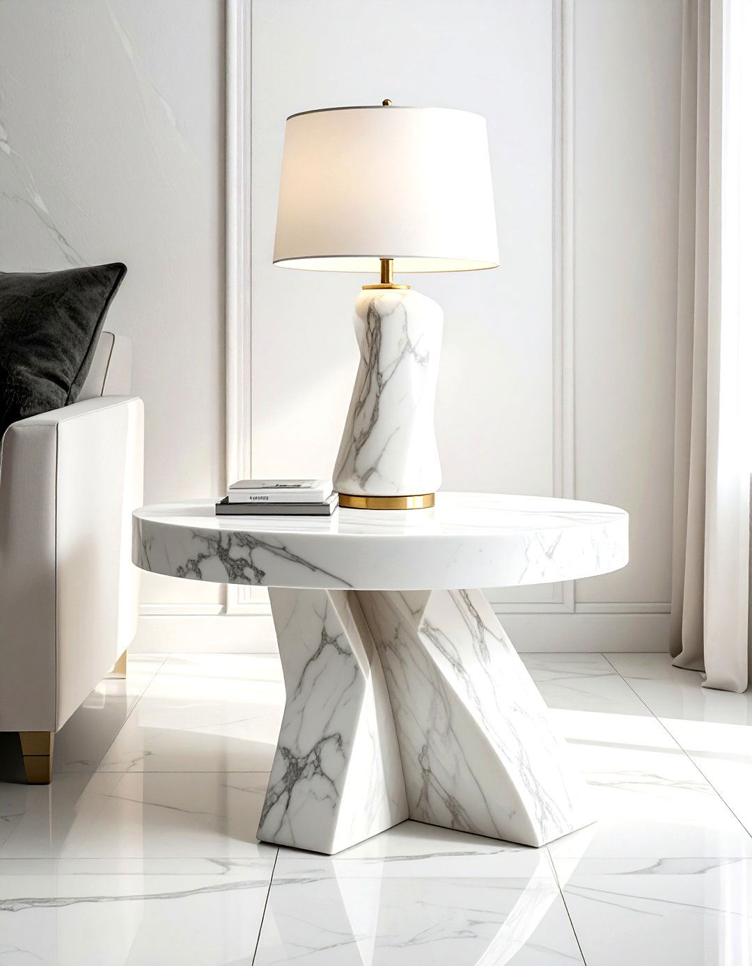 White Stone Side Table - 30 living room white furniture ideas