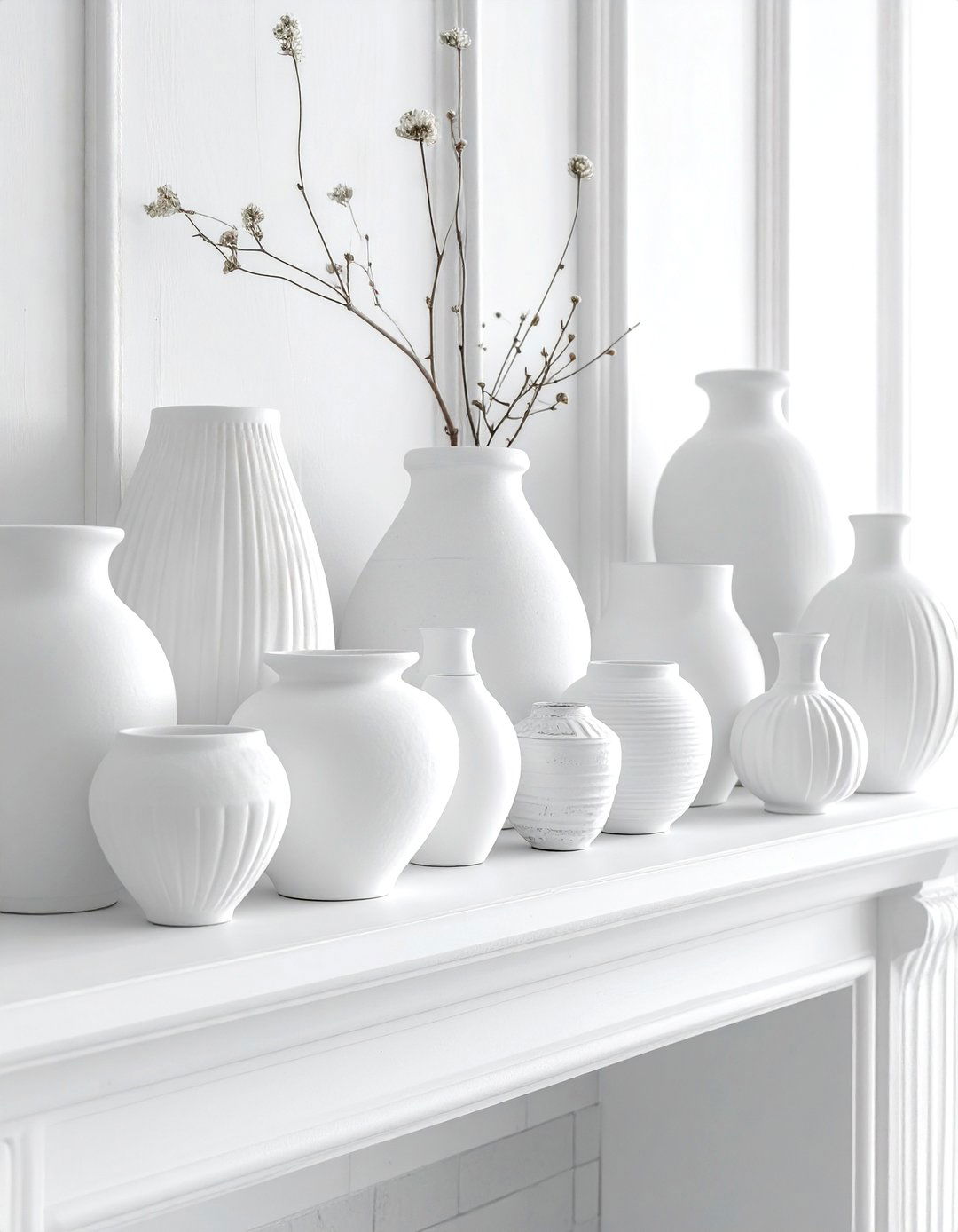 White Stoneware Vase - 30 layered mantel ideas