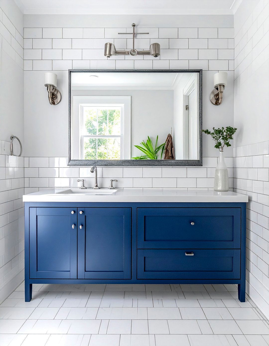 White Subway Tile Blue Vanity - 30 white subway tile bathroom ideas