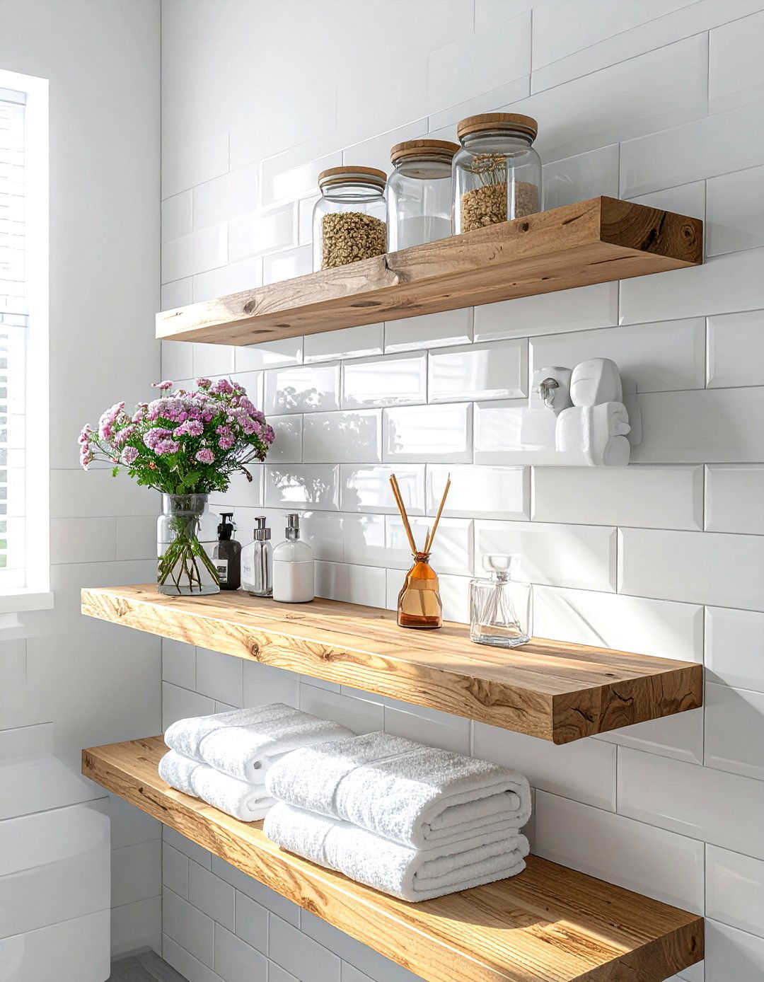 White Subway Tile Floating Shelves - 30 white subway tile bathroom ideas
