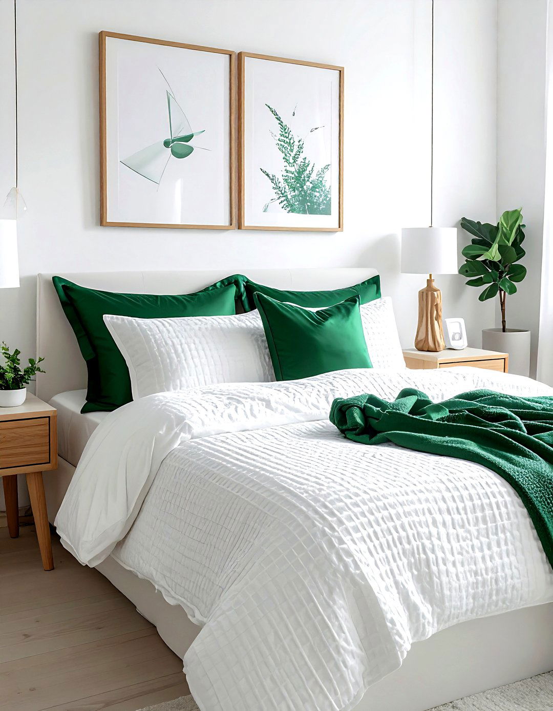 White Textured Bedspread Green Accents - 30 emerald and white bedroom ideas