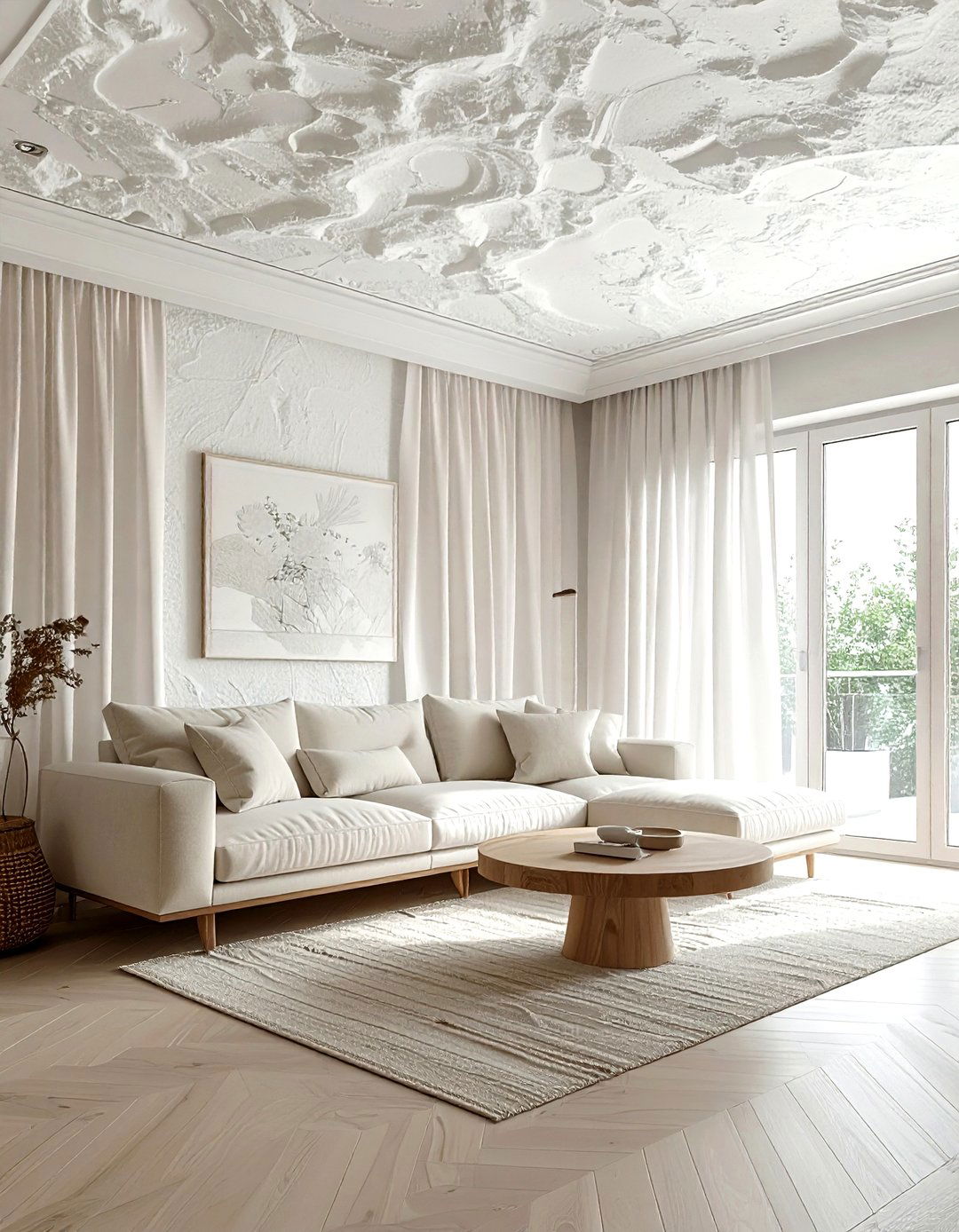 White Textured Ceiling - 30 living room wallpapered ceiling ideas
