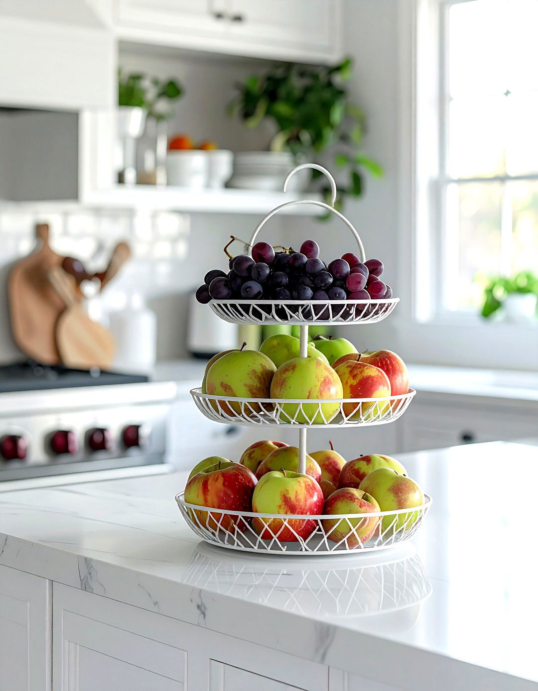 White Tiered Fruit Basket - 30 white kitchen accessories ideas