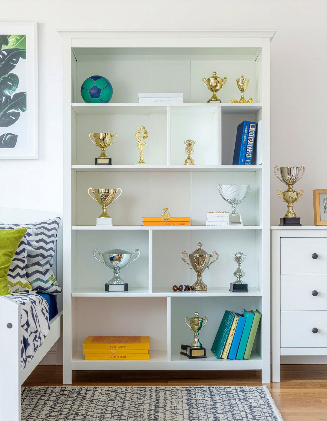 White Trophy Bookcase - 30 bedroom trophy display ideas