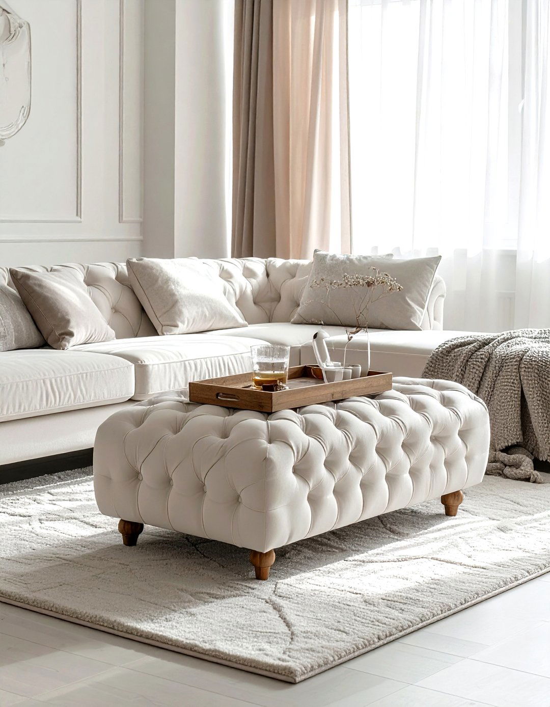 White Tufted Ottoman - 30 living room white furniture ideas
