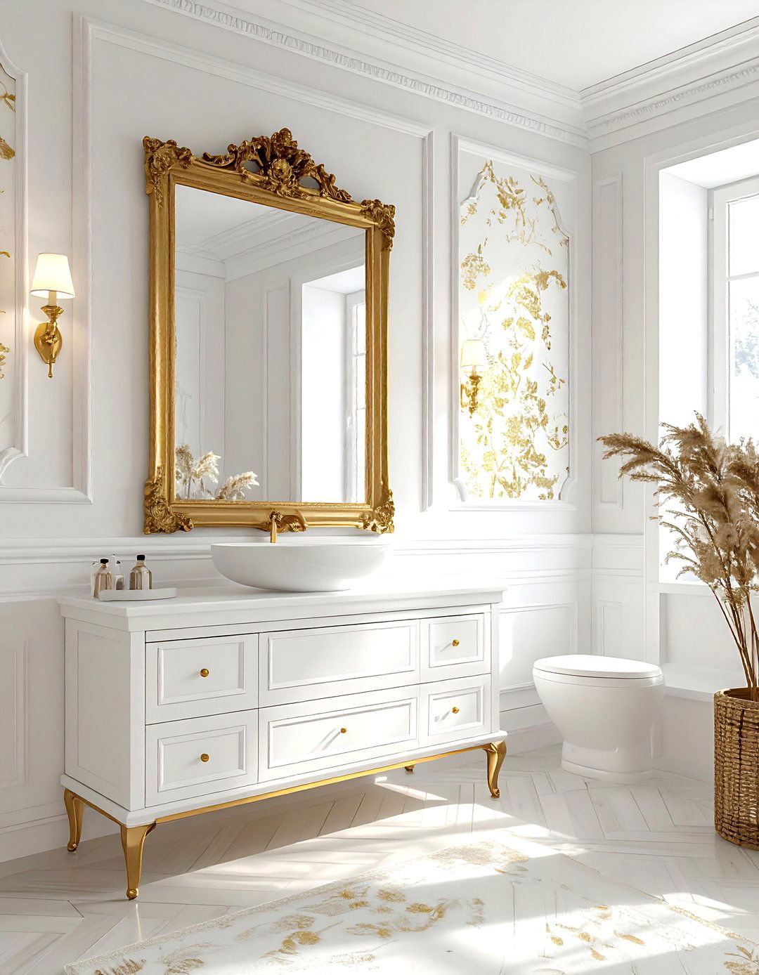 White Wainscoting Gold Wallpaper - 30 white and gold bathroom ideas