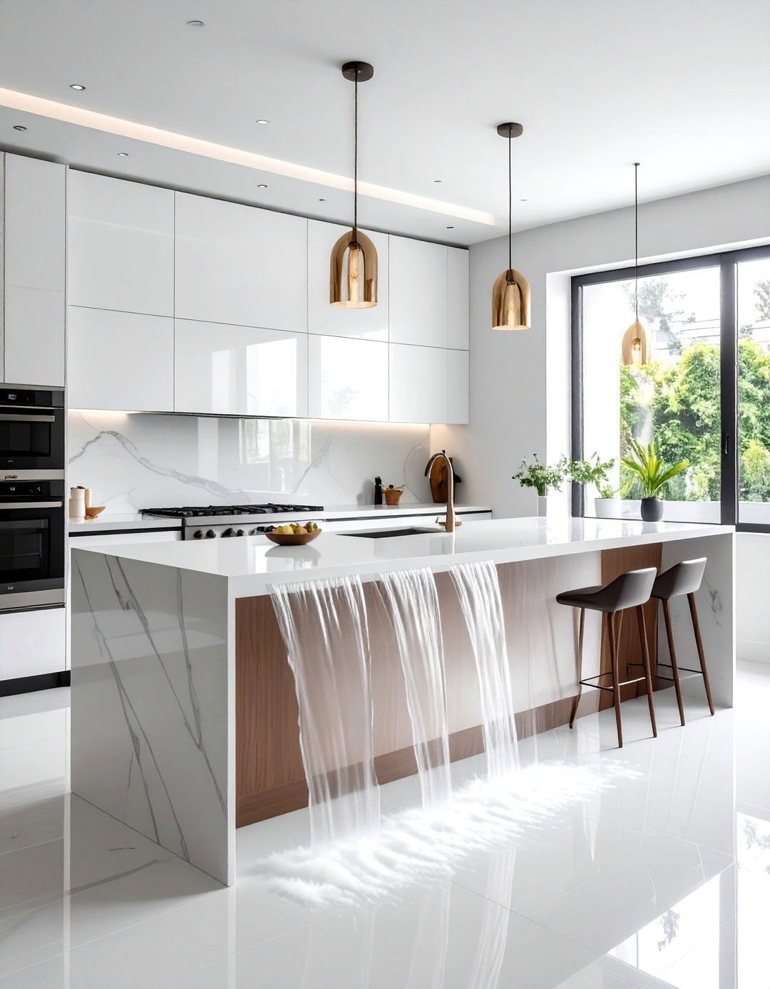 White Waterfall Island - 30 white kitchen ideas