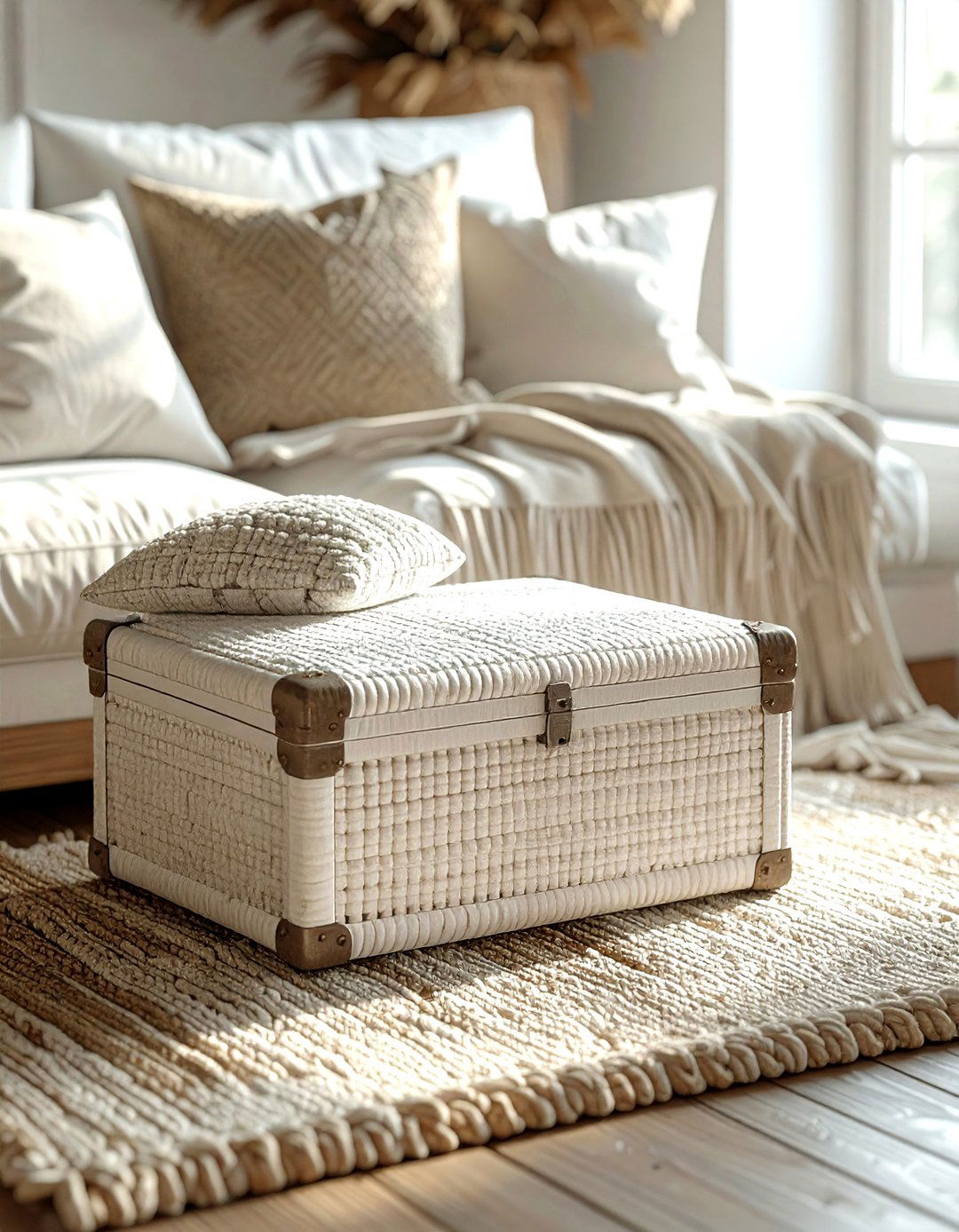 White Woven Storage Trunk - 30 living room white furniture ideas