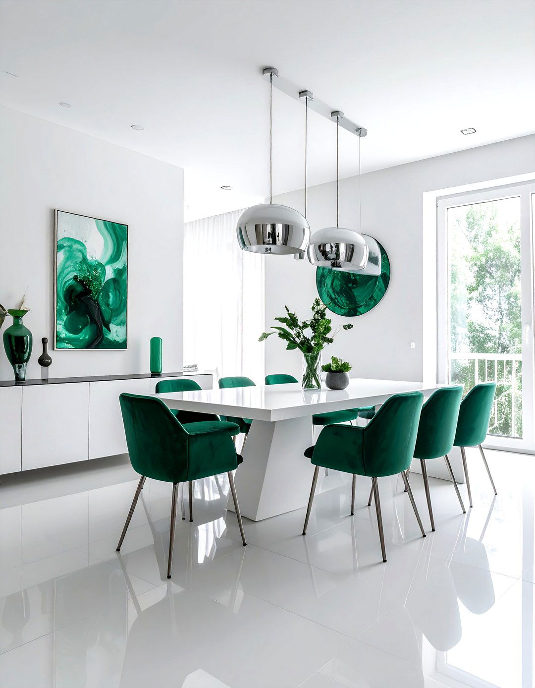 White and emerald green modern dining room - 30 emerald and white dining room ideas