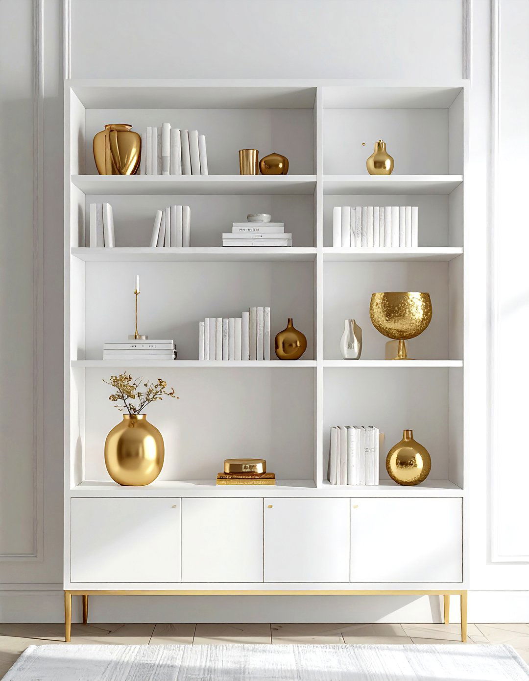 White and gold bookshelf styling - 30 gold and white living room ideas