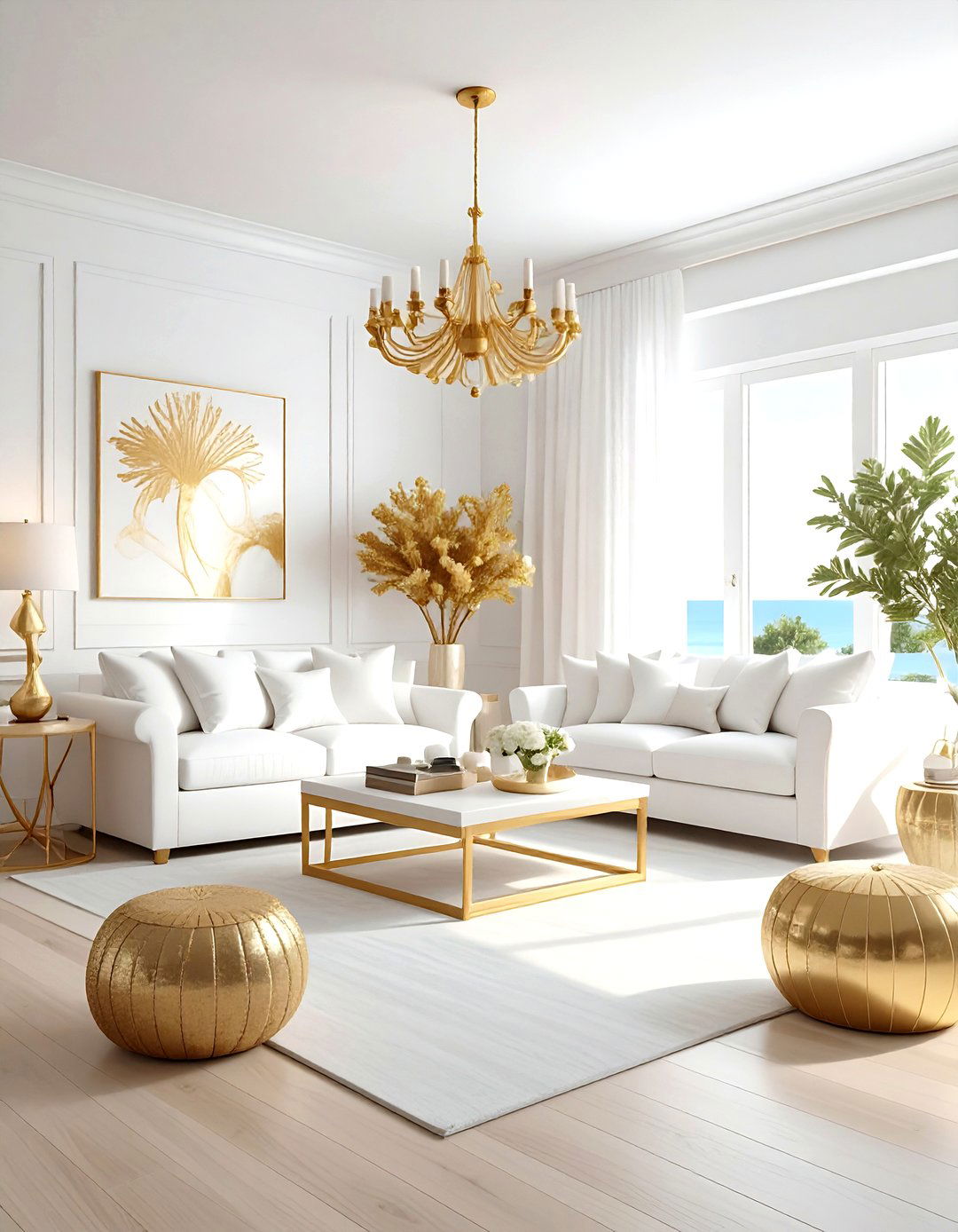 White and gold coastal living room - 30 gold and white living room ideas