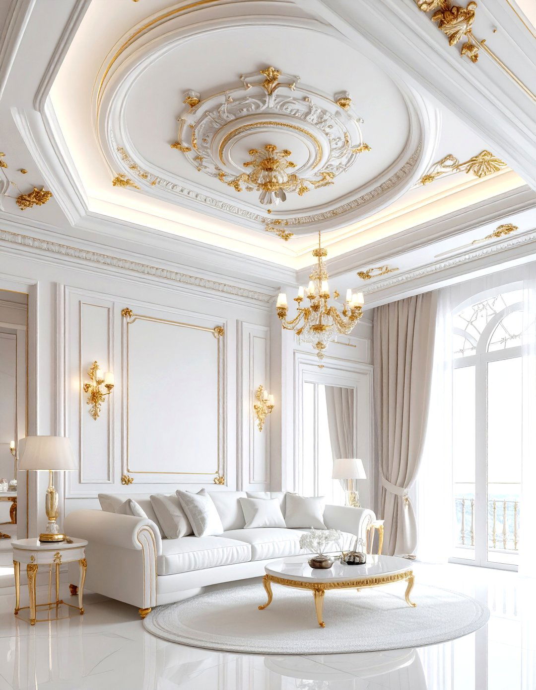White and gold crown molding - 30 gold and white living room ideas