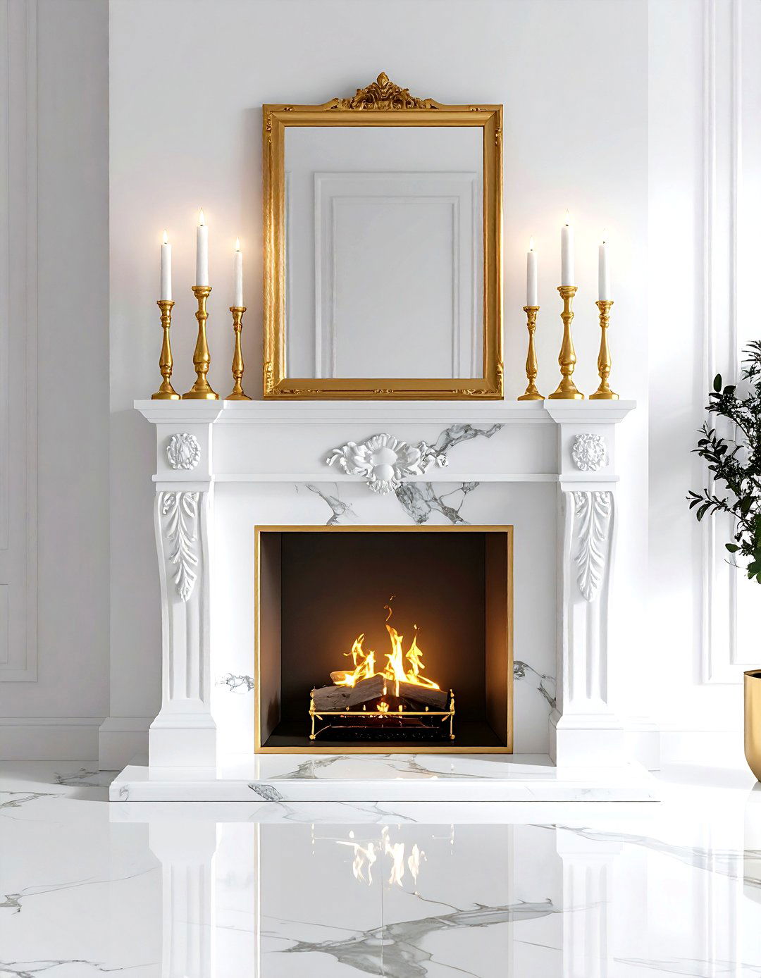 White and gold fireplace mantel - 30 gold and white living room ideas
