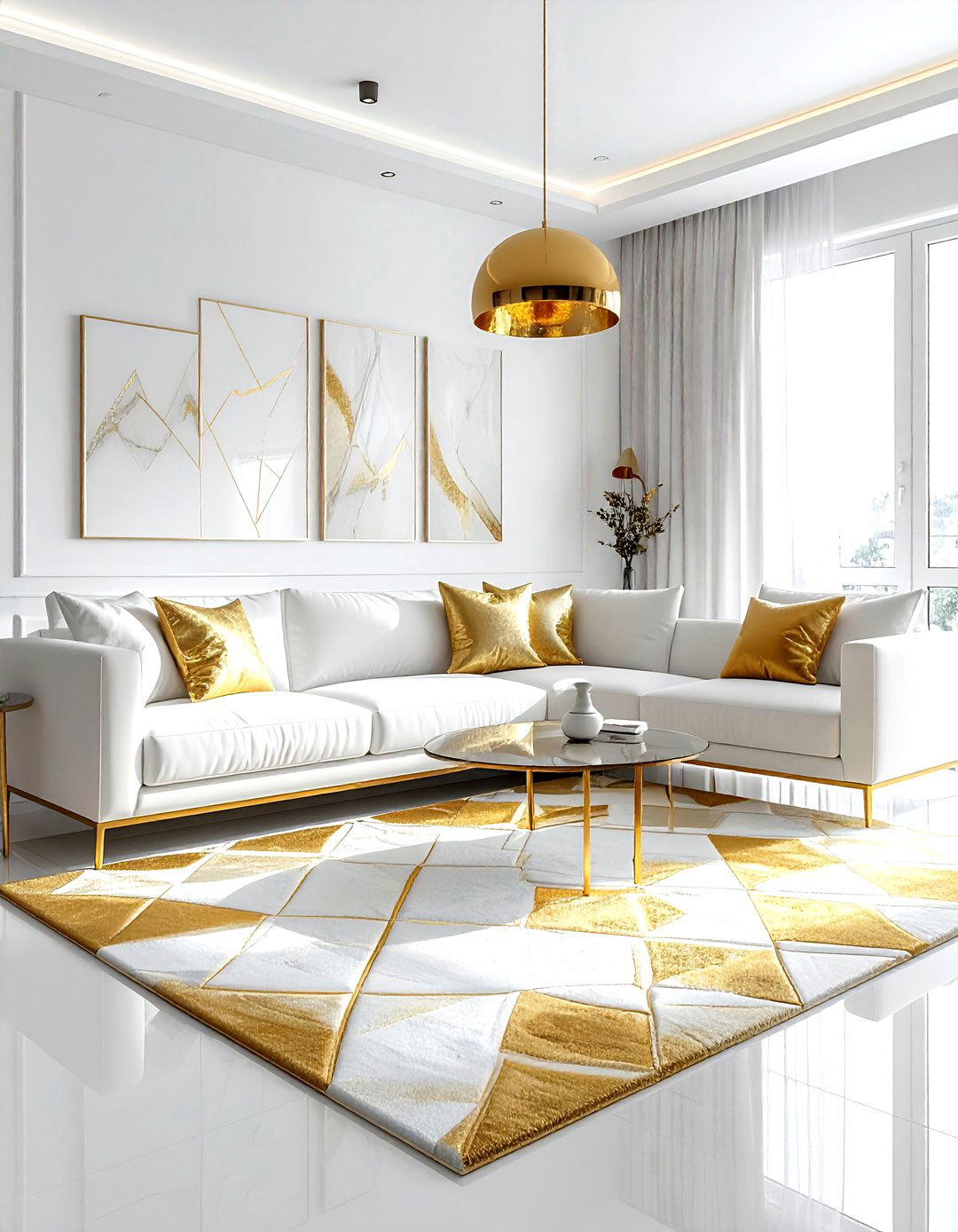 White and gold geometric patterns - 30 gold and white living room ideas