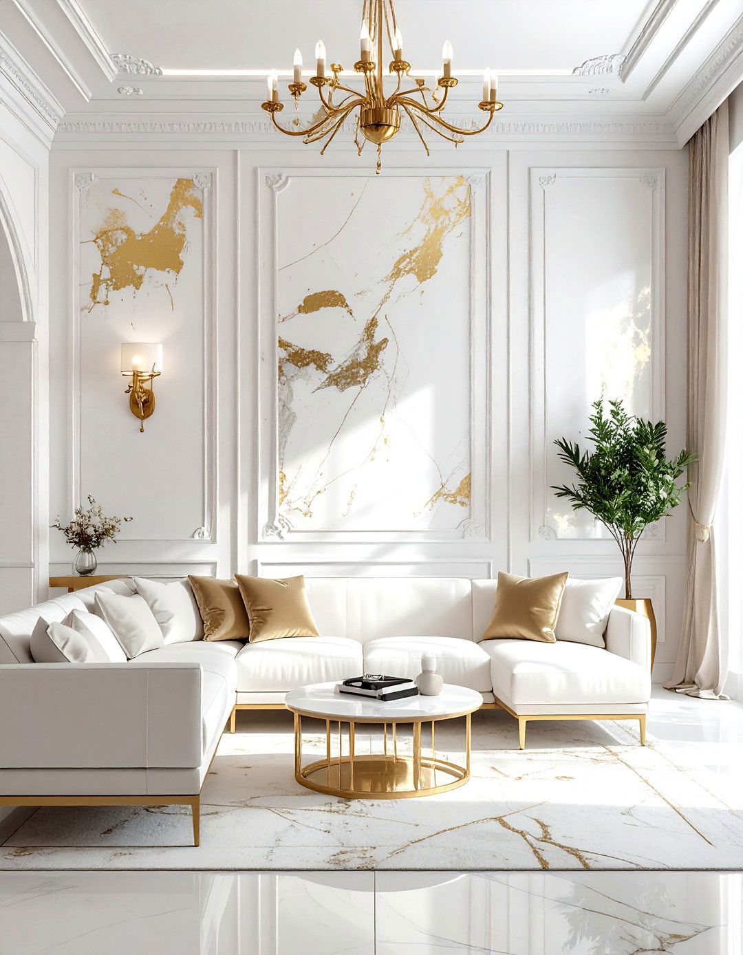 White and gold textured walls - 30 gold and white living room ideas