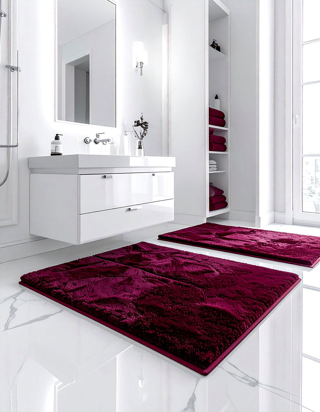 White bathroom burgundy bath mats - 30 burgundy and white bathroom ideas
