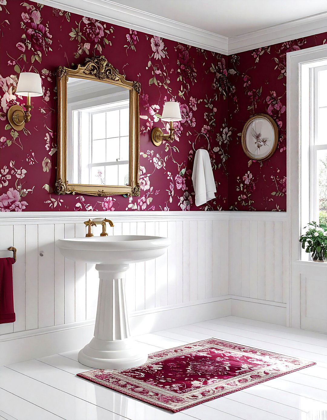 White bathroom burgundy floral wallpaper - 30 burgundy and white bathroom ideas