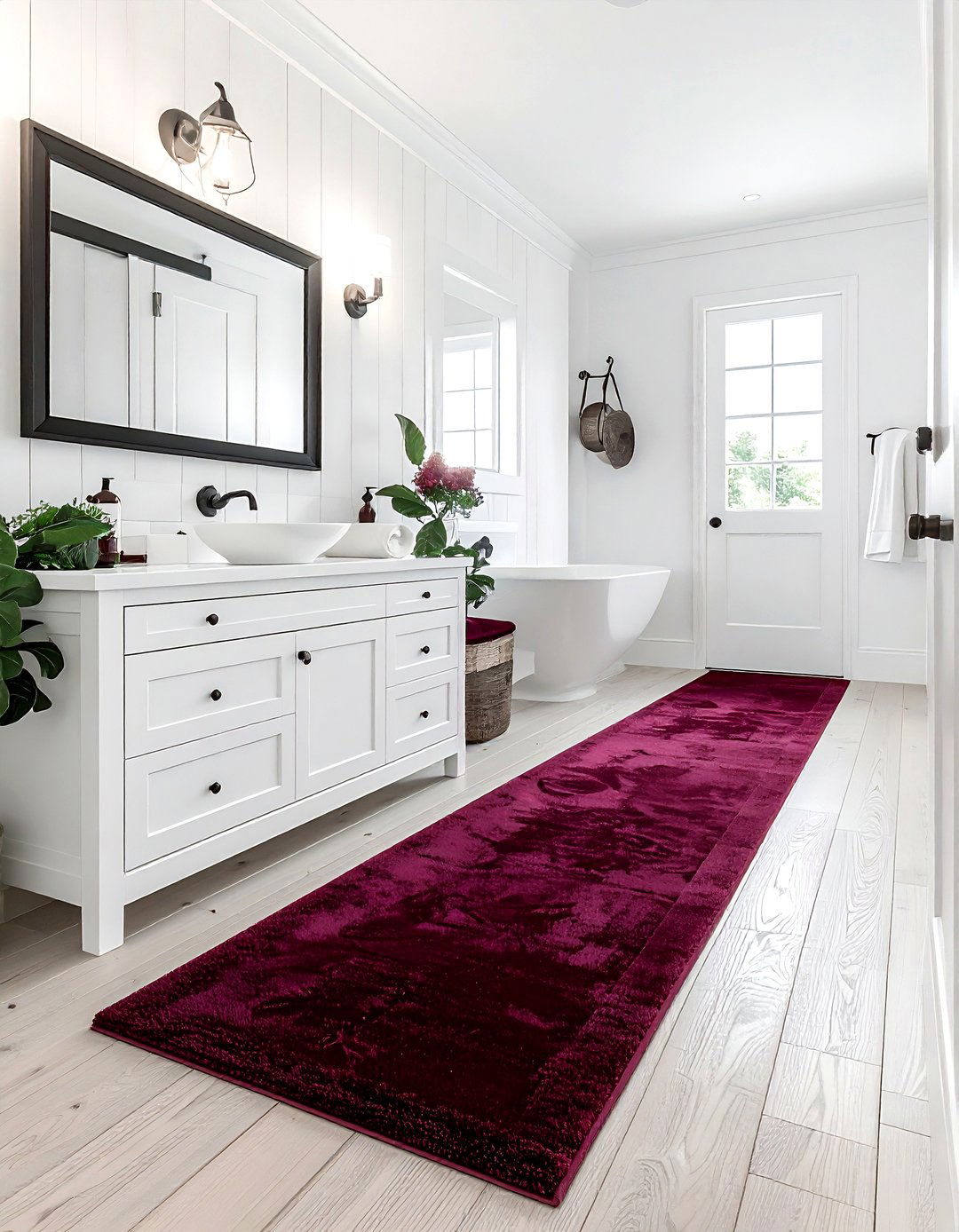White bathroom burgundy runner rug - 30 burgundy and white bathroom ideas