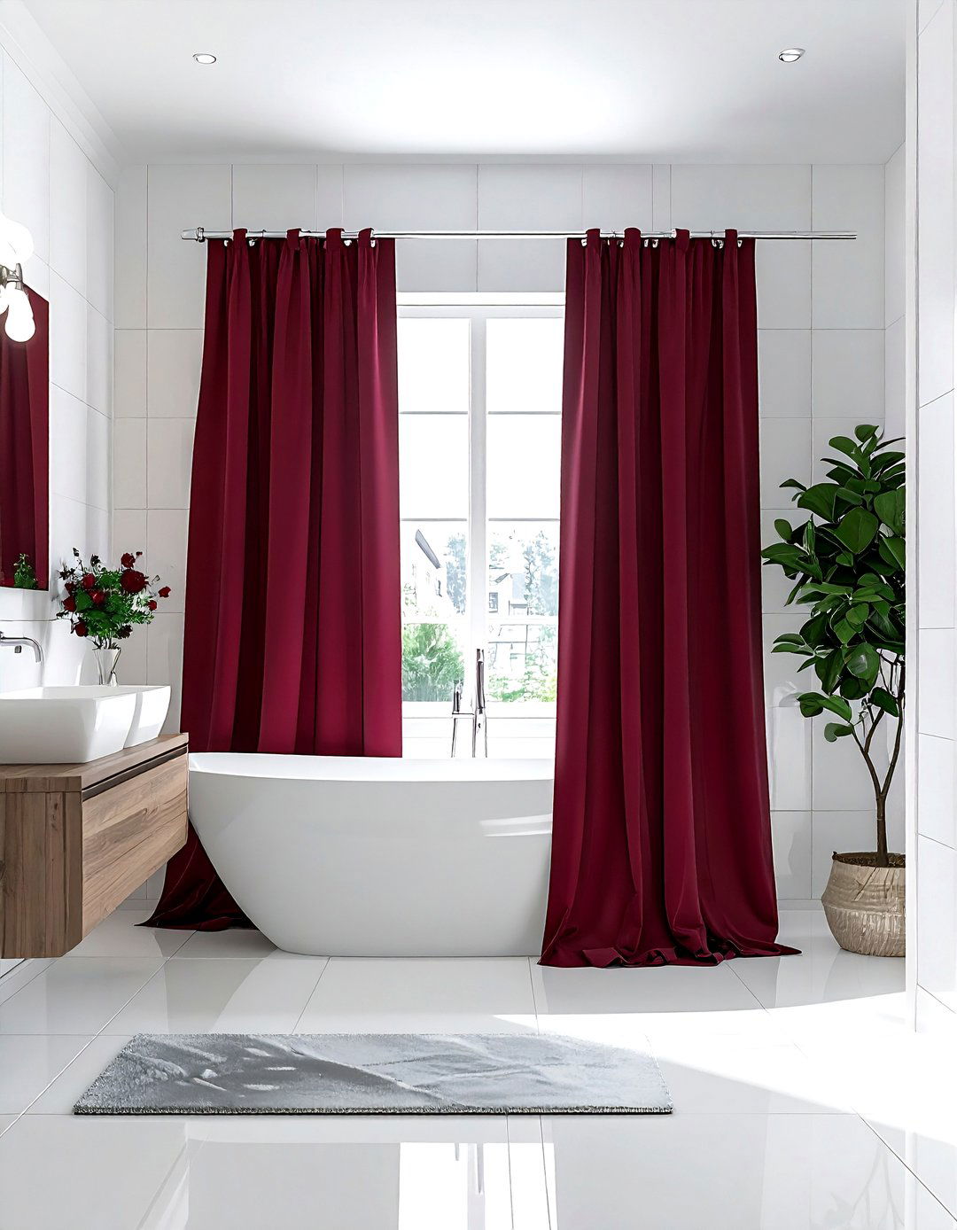 White bathroom burgundy shower curtain - 30 burgundy and white bathroom ideas