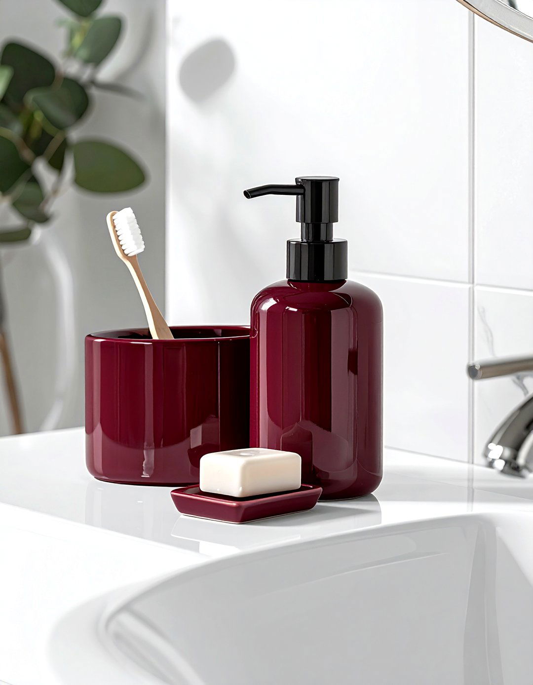 White bathroom burgundy soap set - 30 burgundy and white bathroom ideas
