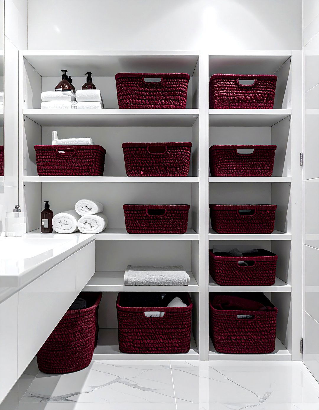 White bathroom burgundy storage bins - 30 burgundy and white bathroom ideas