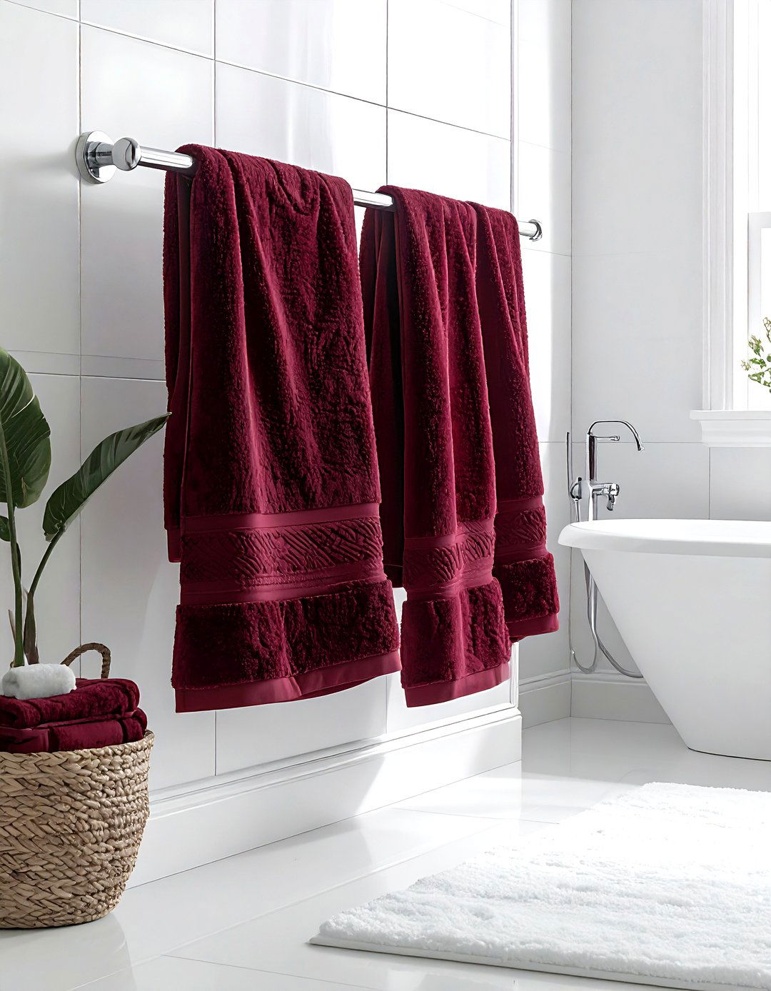 White bathroom burgundy towels - 30 burgundy and white bathroom ideas