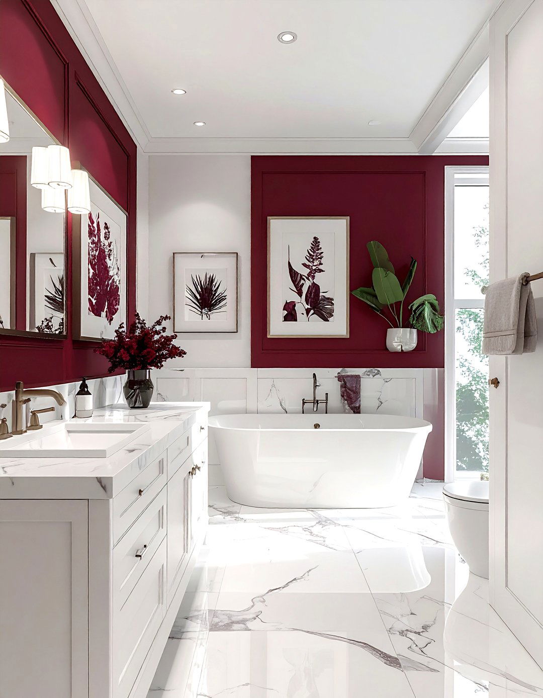 White bathroom burgundy wall art - 30 burgundy and white bathroom ideas