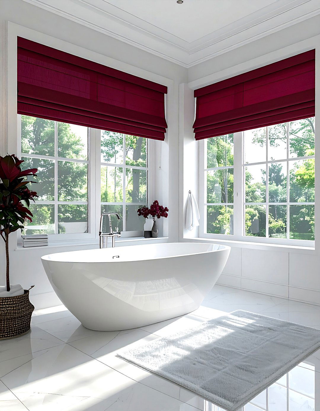 White bathroom burgundy window treatment - 30 burgundy and white bathroom ideas