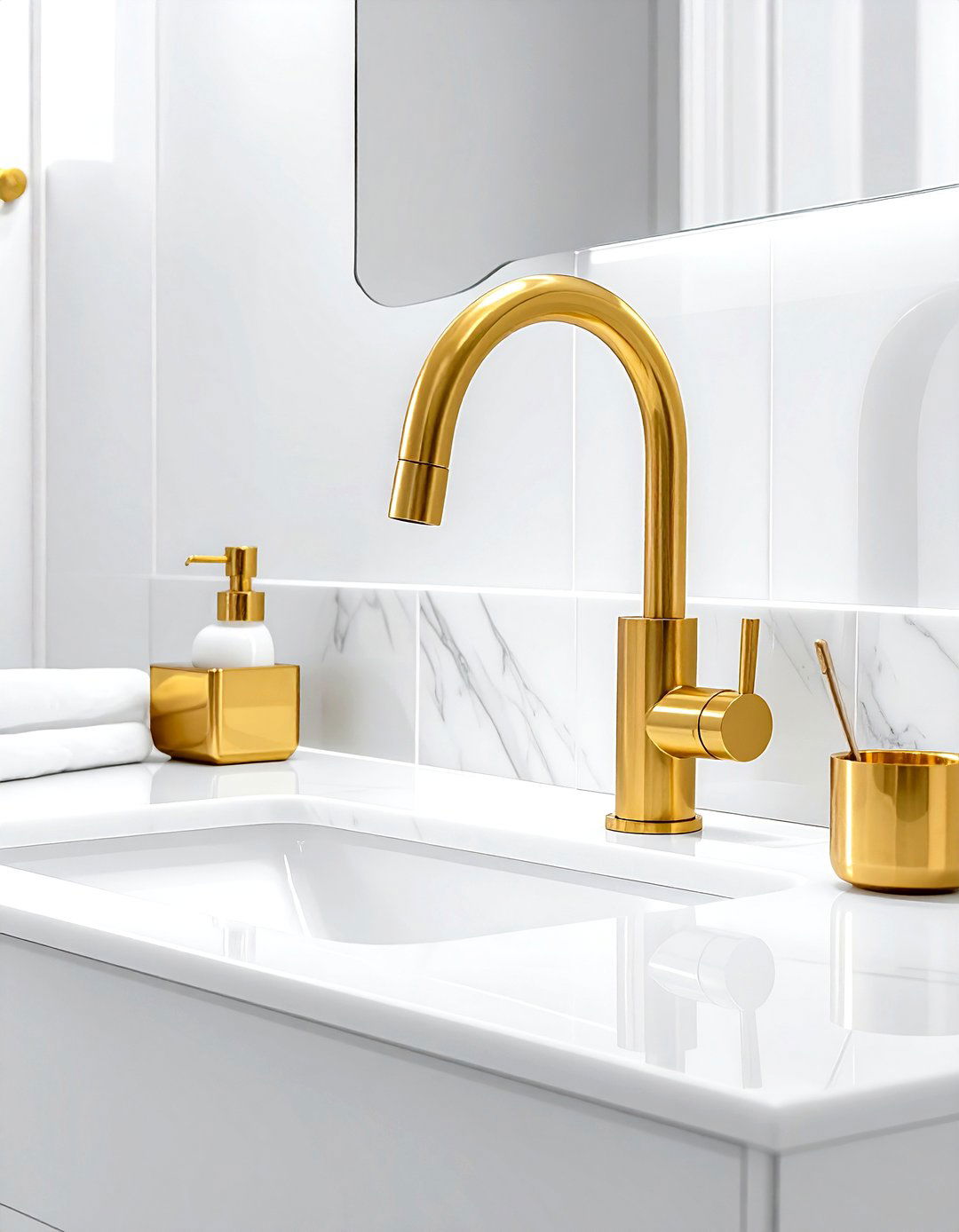 White bathroom gold faucet - 30 gold and white bathroom ideas