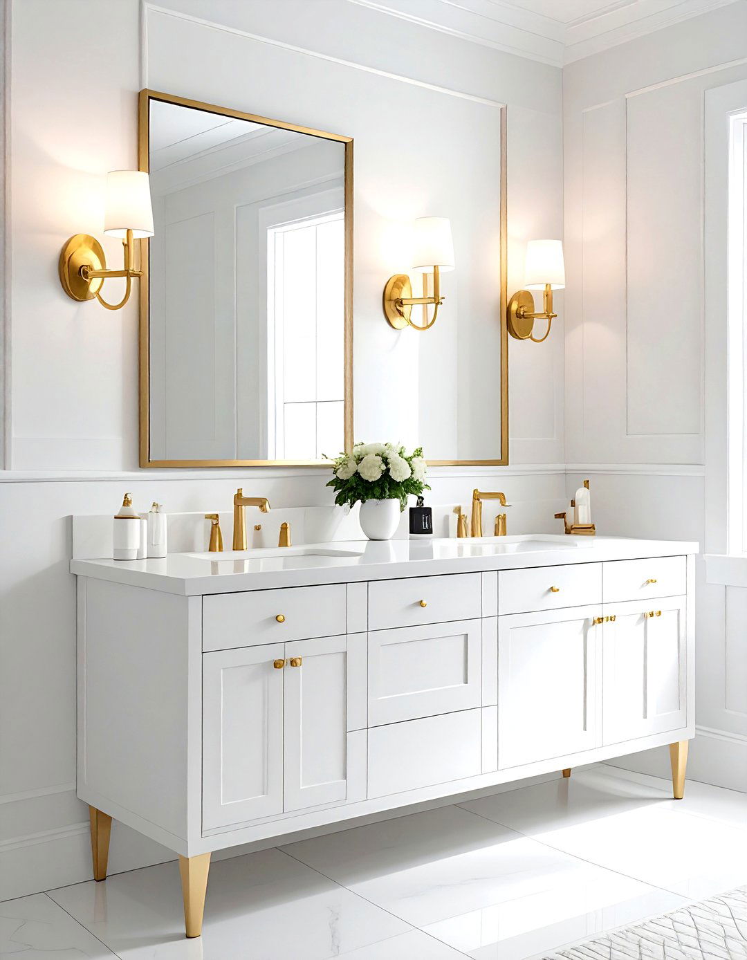 White bathroom gold sconces - 30 gold and white bathroom ideas