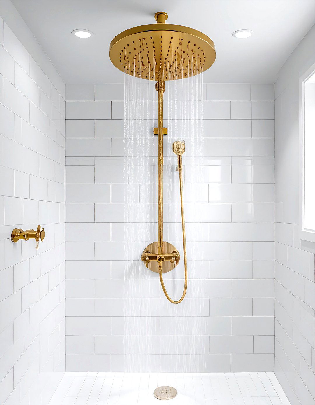 White bathroom gold shower head - 30 gold and white bathroom ideas