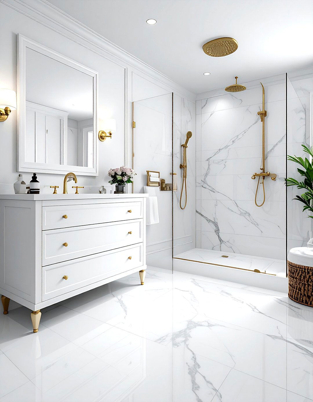 White bathroom with brass fixtures - 30 white bathroom decor ideas