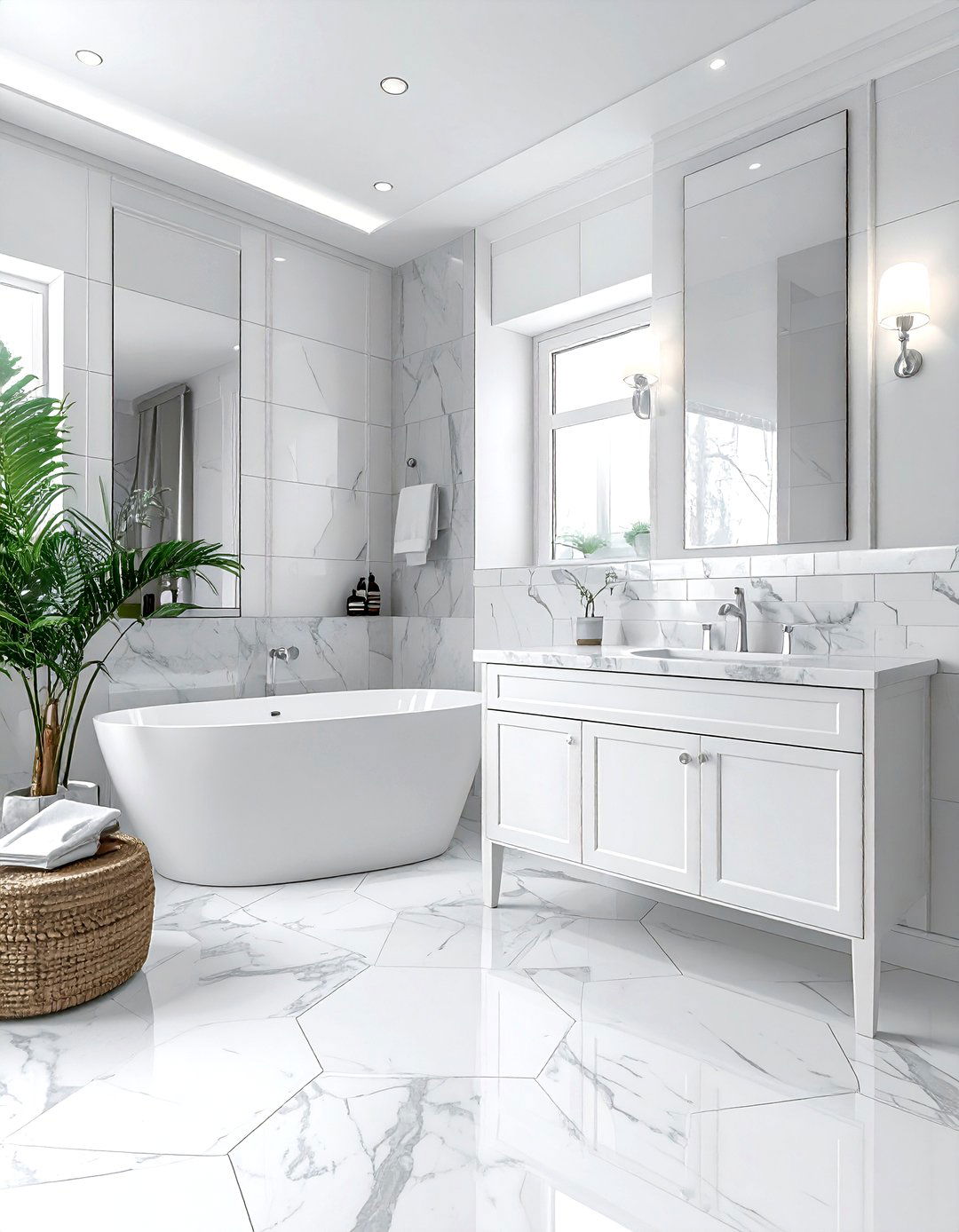 White bathroom with marble tile - 30 white bathroom decor ideas